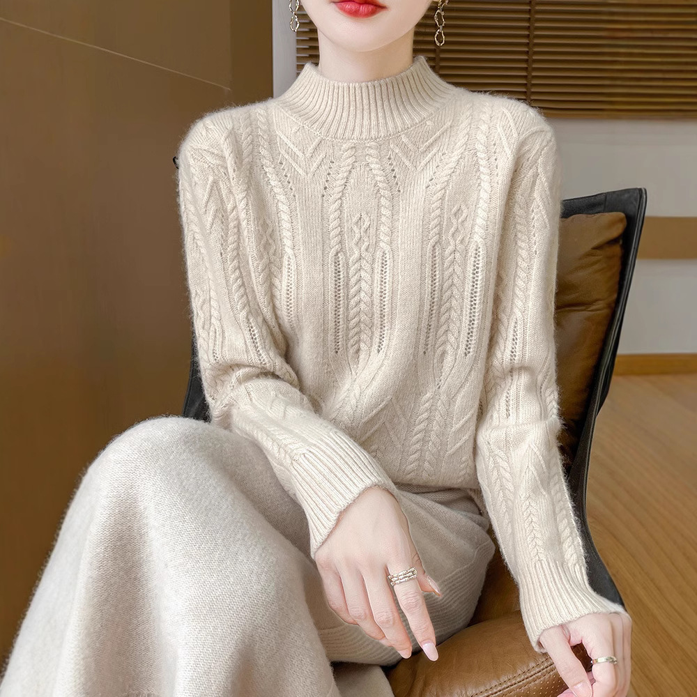 新款半高领套头加厚100%羊毛衫女秋冬宽松百搭镂空针织衫打底毛衣