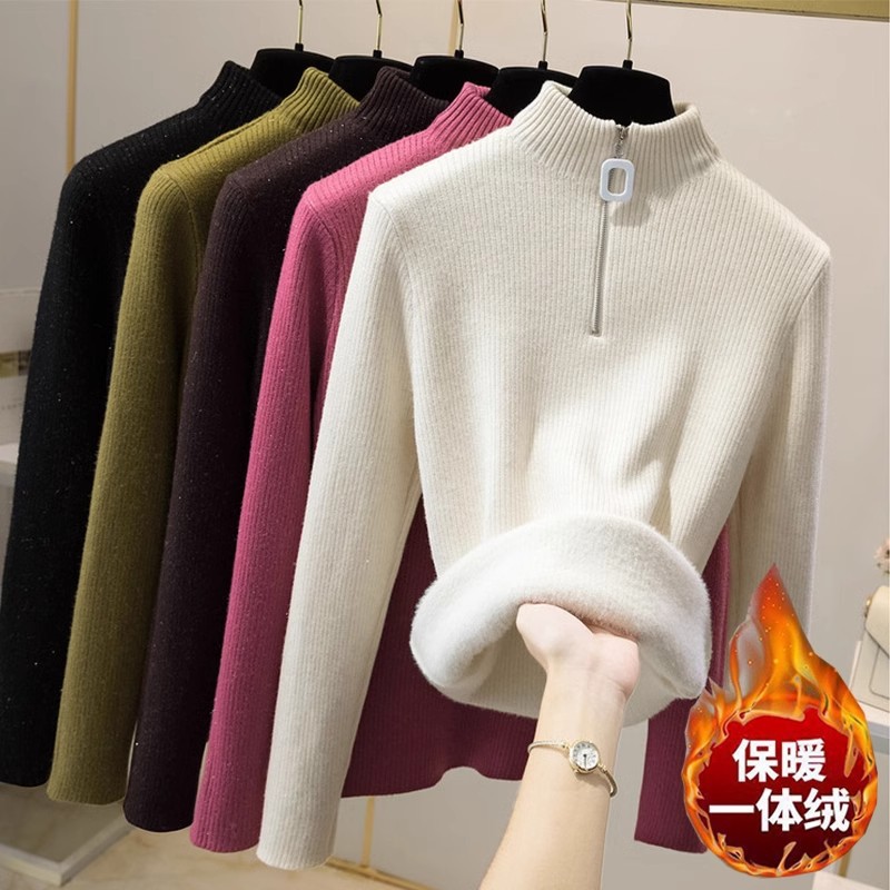 秋冬季加绒加厚半高领拉链针织打底衫女设计感百搭洋气一体绒毛衣