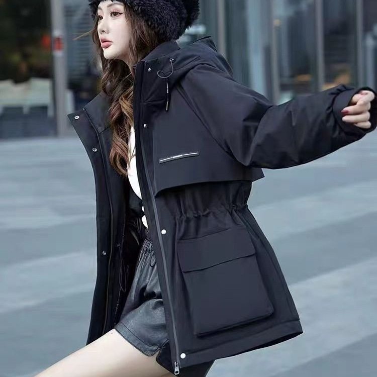 安可拉红棉衣2025冬新款时尚冬季中长款收腰连帽工装冲锋衣外套女