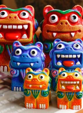 狮三百中国风狮爷方头方脑小狮子摆件一对书桌家居饰品国潮礼物