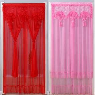 结婚卧室红色蕾丝门帘双层双开 关帘子农村大门纱帘免打孔黏贴隔