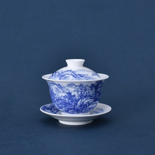 景德镇九段烧九段妙手春和景明山水盖碗节日商务送礼名窑满绘茶具