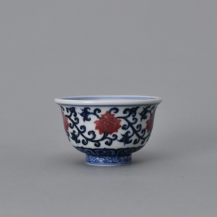 景德镇春风祥玉邹俊窑制青花釉里红双勾缠枝莲纹压手杯名窑珍藏