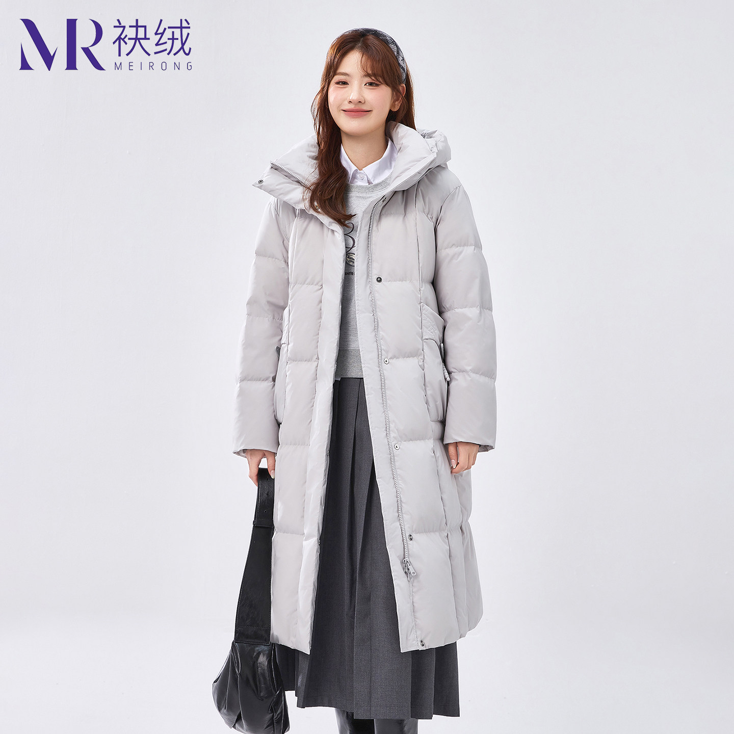 袂绒长款立领连帽加厚款羽绒服女