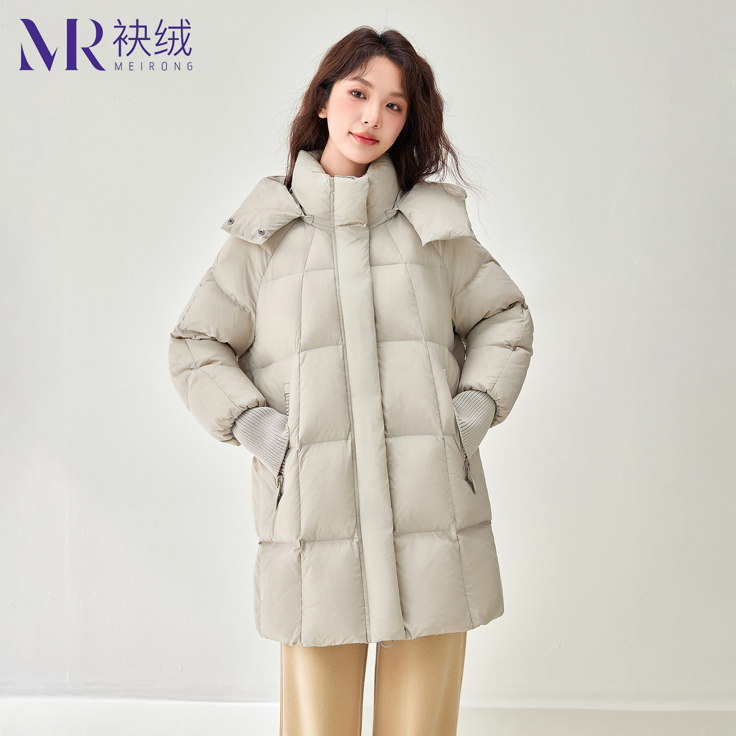 袂绒中长款连帽冬季羽绒服