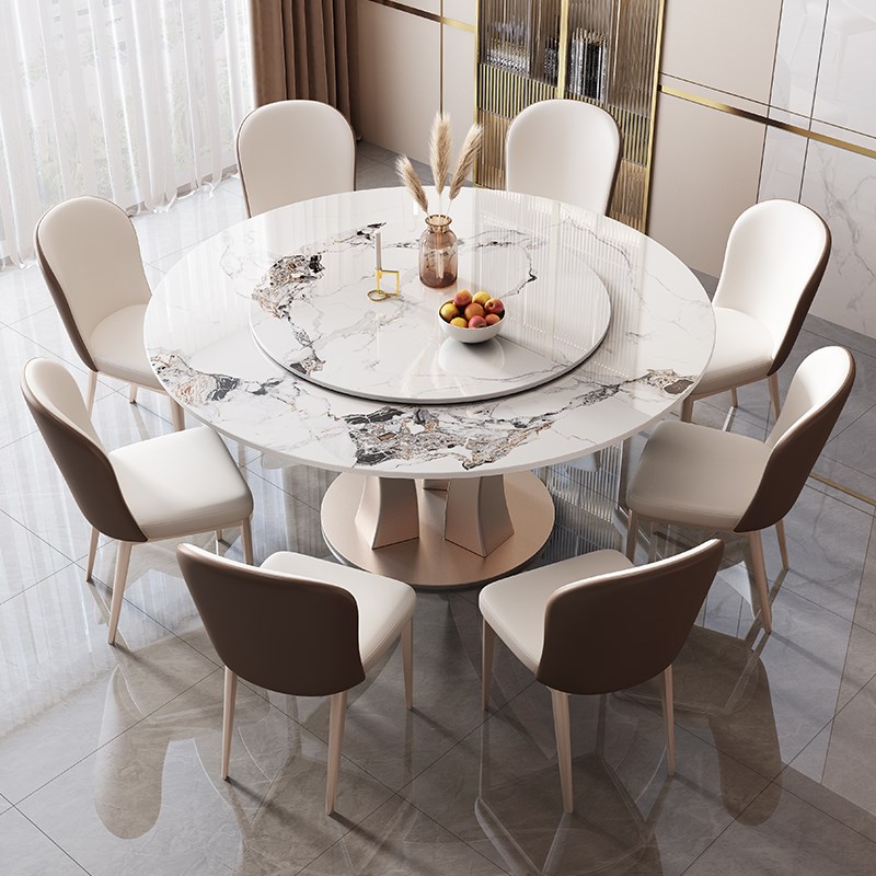 轻奢岩板餐桌椅组合圆形小户型家用饭桌现代简约带转盘大理石圆桌