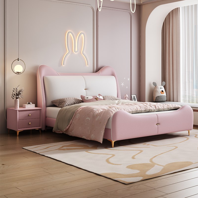 儿童床粉色猫咪1.5m床安全储物软包公主床小户型可爱男孩女孩