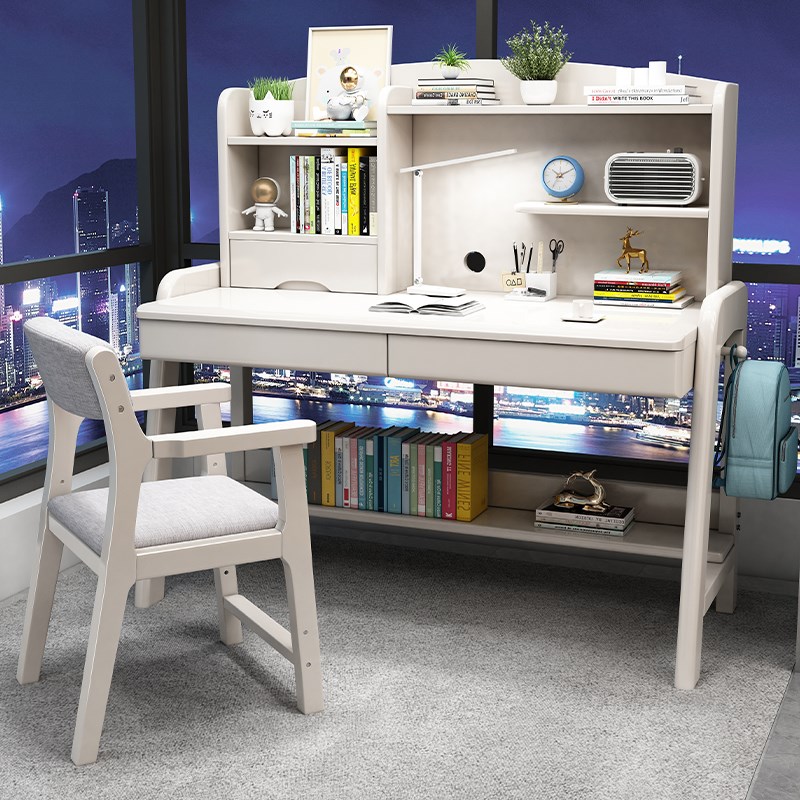 实木书桌书架组合一体学生家用写字桌儿童升降学习桌椅简易电脑桌