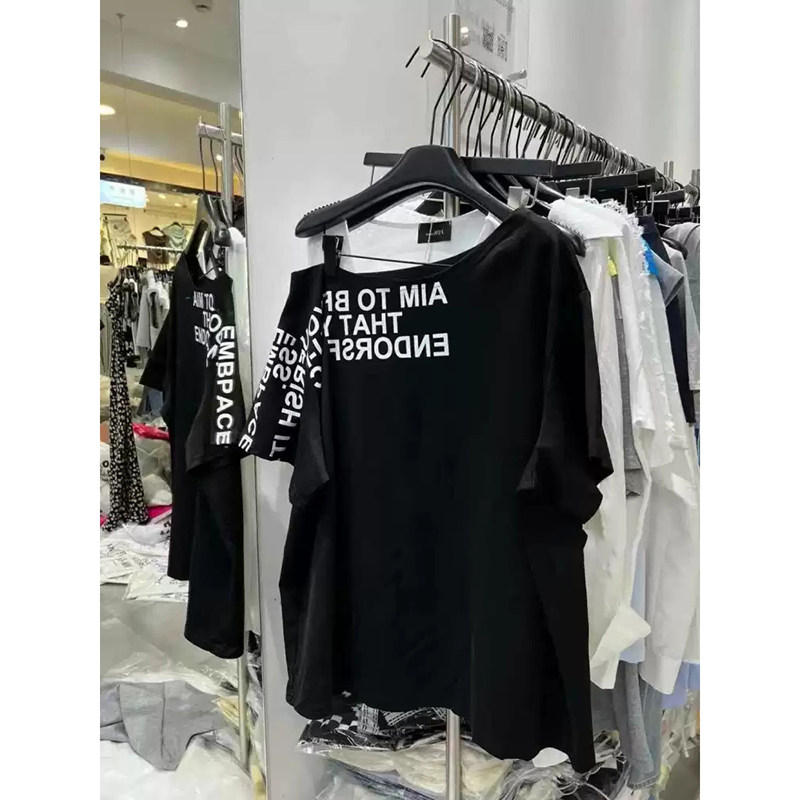 thumbnail for Mid-length printed cross-collar short-sleeved T-shirt summer 300 pounds plus size fat MM loose casual versatile off-the-shoulder top for women