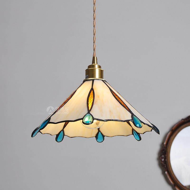 北欧风复古怀旧黄铜玻璃酒吧餐厅琉璃灯装饰蓝宝石白色大帐蓬吊灯