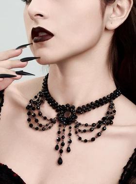 欧美饰品 宫廷风黑色蕾丝锁骨链 复古十字架水晶串珠流苏项链