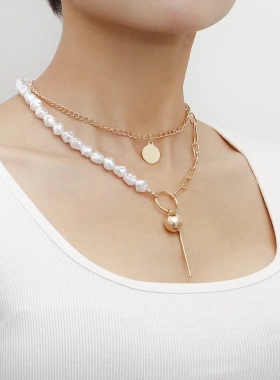 欧美饰品拼接链条仿巴异形珍珠项链几何圆球长棒吊坠颈链