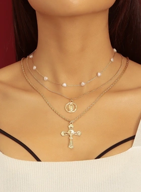 欧美饰品 复古十字架多层项饰项链女 时尚简约商务百搭锁骨链