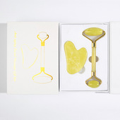 玉石滚轮按摩器黄色柠檬牛角刮痧板脸部面部美容按摩滚轮刮痧套装