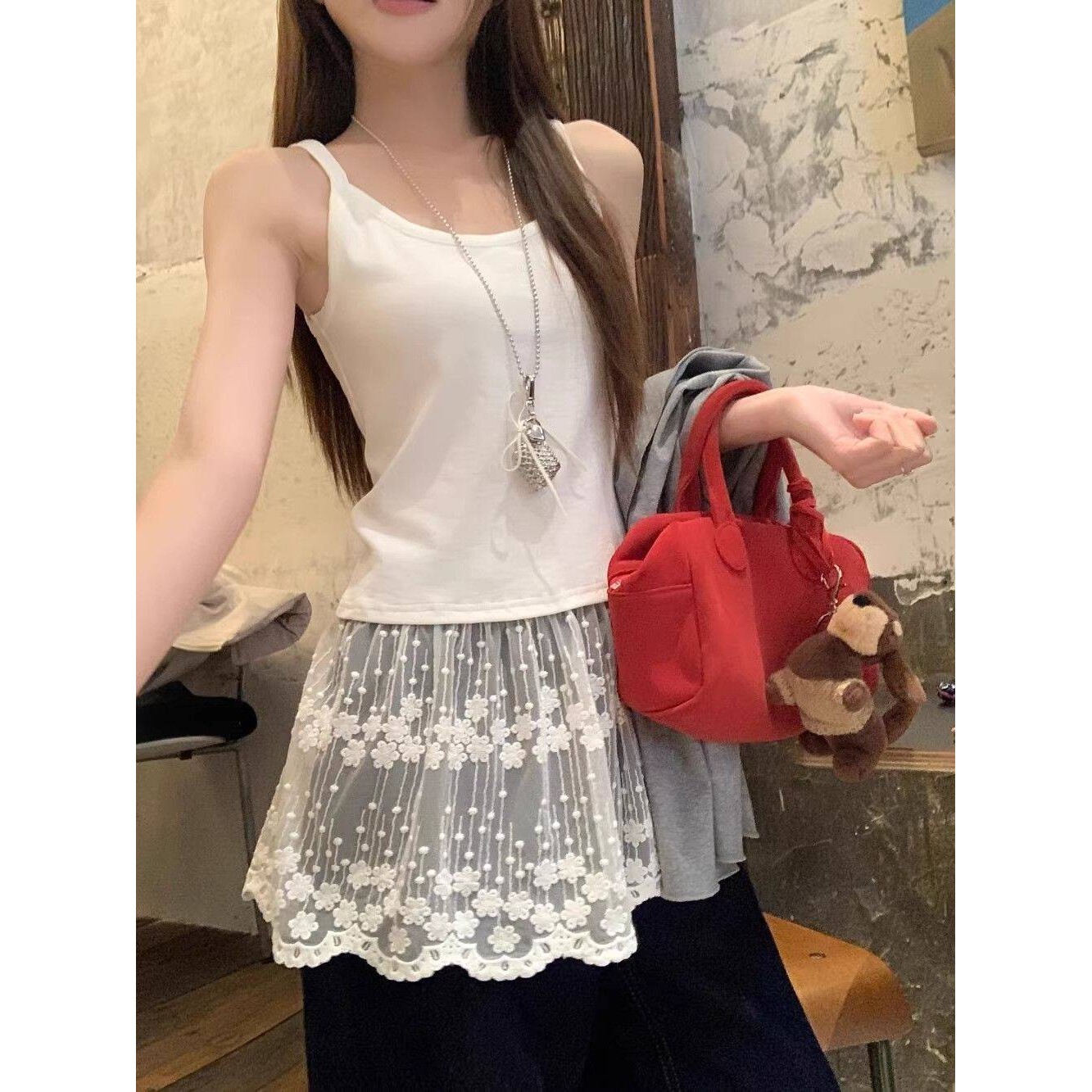 【260克人棉莫代尔】拼接蕾丝内搭中长款吊带背心女修身上衣白色