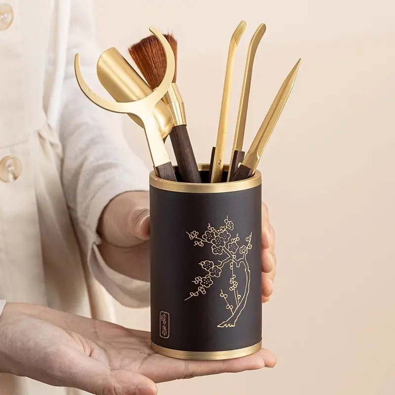 创意茶道六君子杯垫组合黑檀木纯铜配件套装功夫茶具茶刀茶夹大全