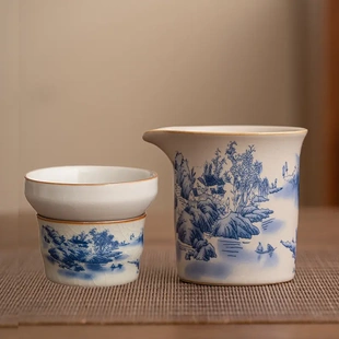 青花山水陶瓷主人茶具半手工手绘功夫公道杯分茶器均茶杯