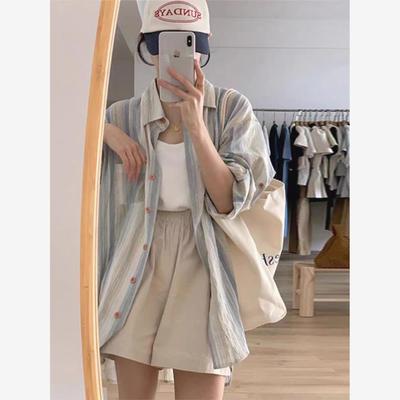大码胖妹妹条纹港风长袖衬衫女防晒外套春夏衬衣外搭复古薄款上衣