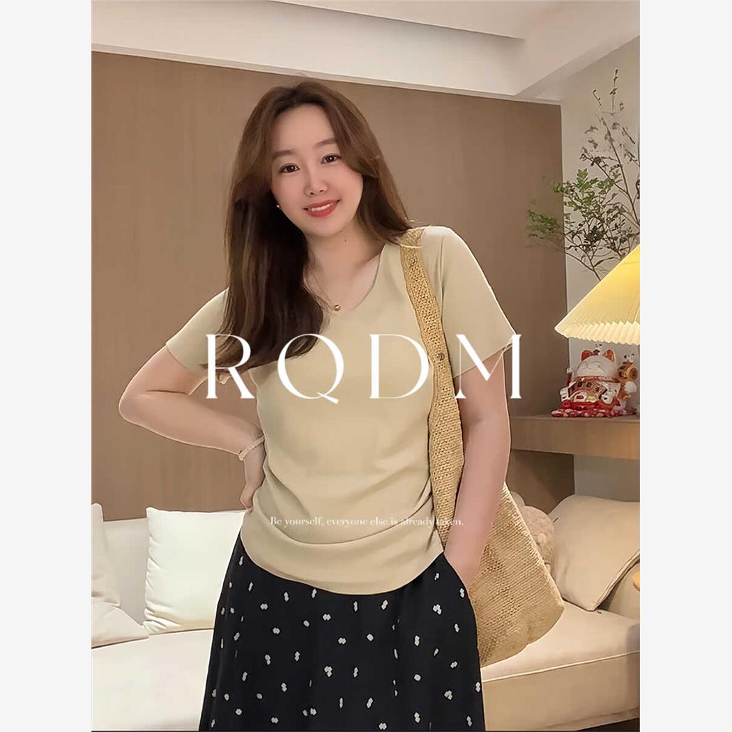 大码女装2025新款夏季胖MM双收腰压褶显瘦鹅蛋领正肩短袖T恤上衣