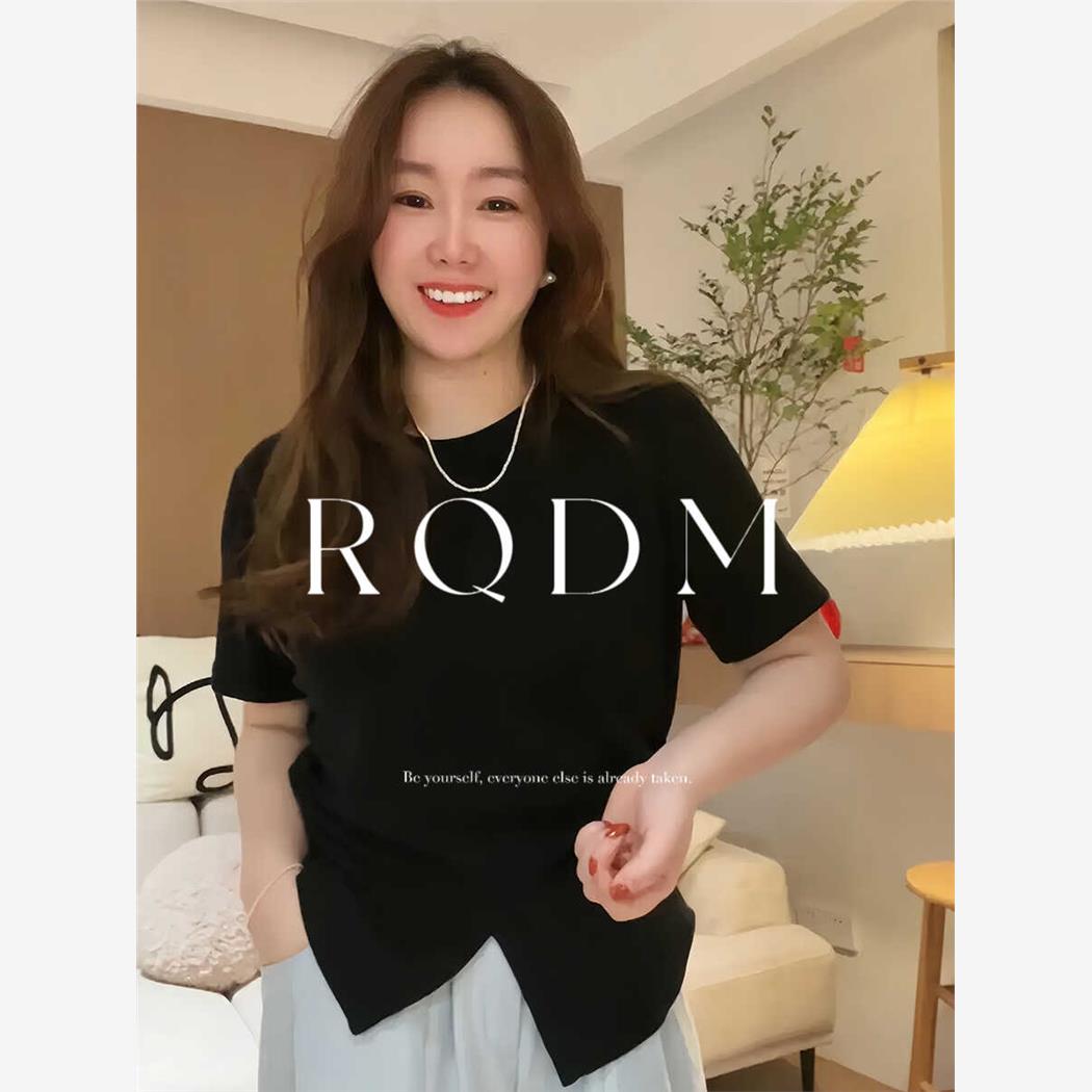 大码女装2024夏季胖MM下摆开叉显瘦百搭正肩短袖T恤薄款圆领上衣