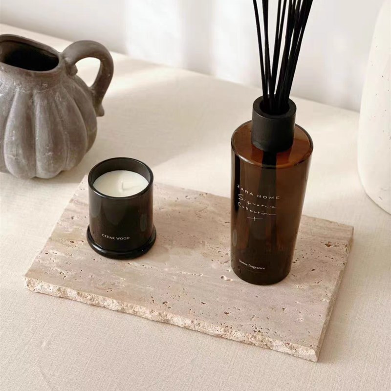 侘寂风格黄洞石长方形果盘大理石托盘桌面收纳盘R浴室置物盘卫生