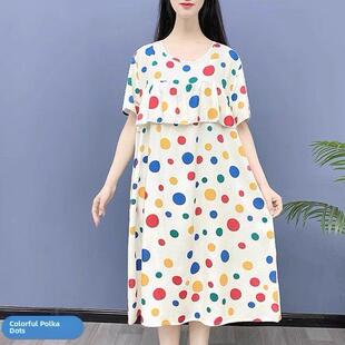 真丝夏季女式薄短袖连衣裙大码防撞家装人造棉睡衣裙