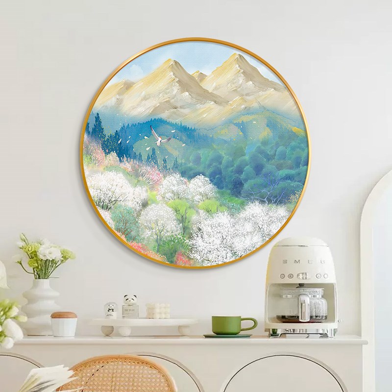 百花争春圆形玄关装饰画入户正对门壁画山水油画客厅挂画奶油风图片