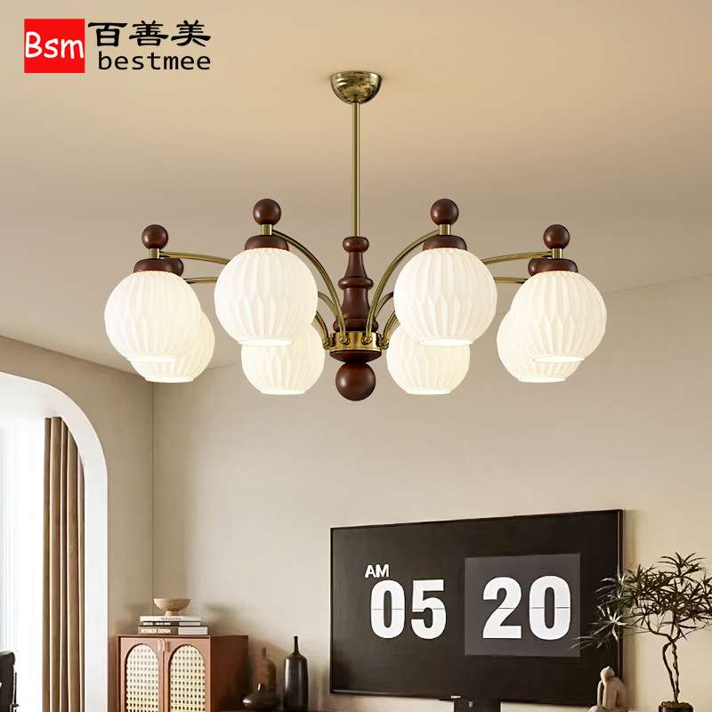 全光谱美式中古高级感古风美式复古风卧室吊灯实木设计师款灯具