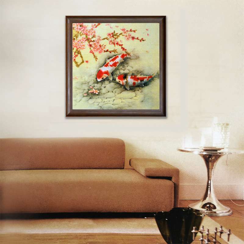 海马地毯家居艺术挂毯 鱼戏水装饰画 客厅餐厅卧室书房有框挂画图片