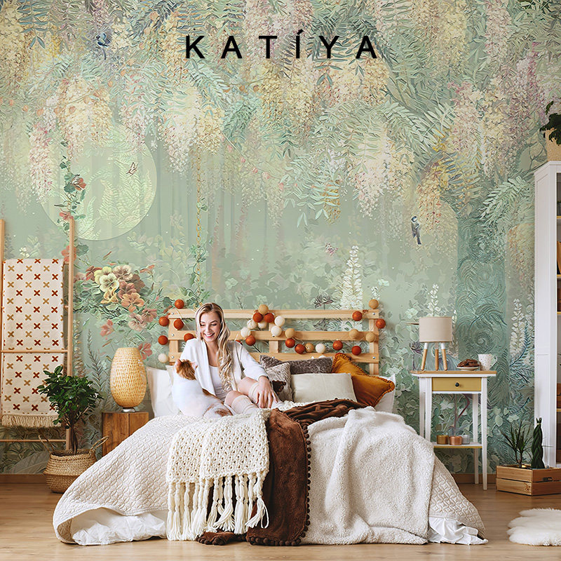 Katiya美式手绘o油画花草墙布法式客厅电视背景墙壁画无缝沙发壁