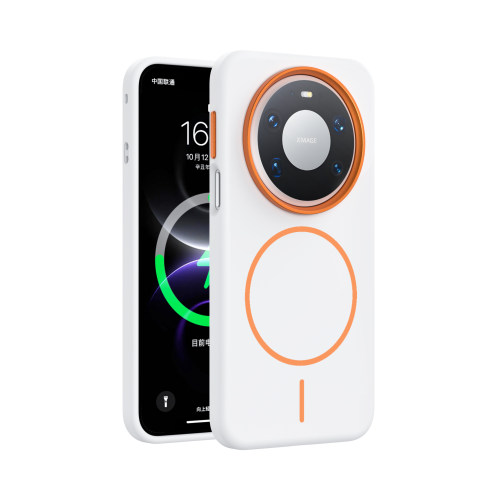 【雅致系列】宇桐白撞橙适用Mate80PM手机壳Mate70Pro撞色磁吸简约金属Mate60Pro镜头圈液态防摔细圈肤感硅胶