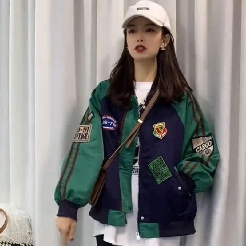 好货美式棒球服女春秋季欧货加厚夹棉外衣撞色拼接飞行员夹克开衫