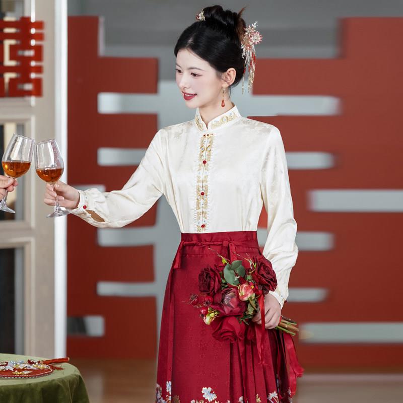 好货搭配马面裙立领刺绣衬衣秋季新中式提花长袖上衣女汉元素国风