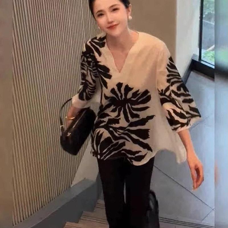 好货2026春秋赫本风法式女装欧货雪纺印花七分袖上衣秋季巨好看的