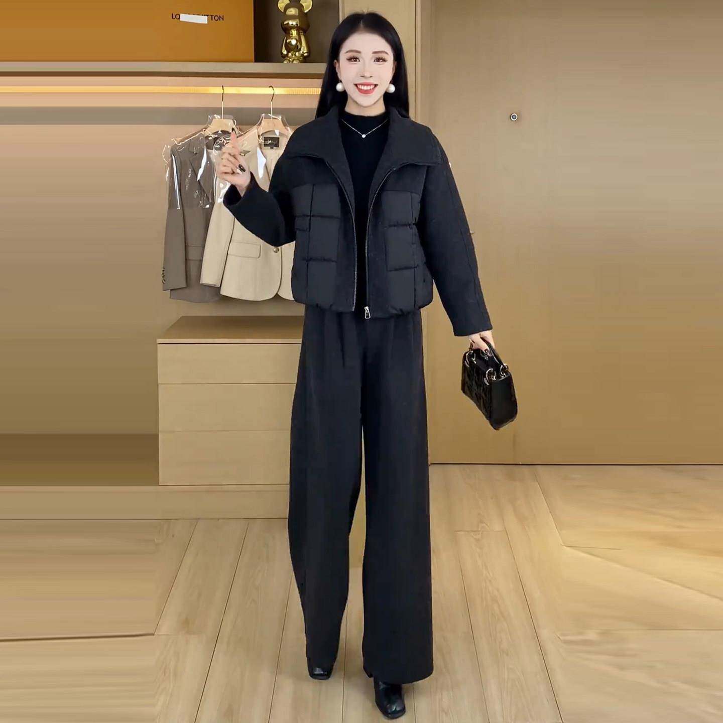 好货时尚洋气棉服套装女冬季新款毛呢拼接保暖棉衣阔腿裤气质两件