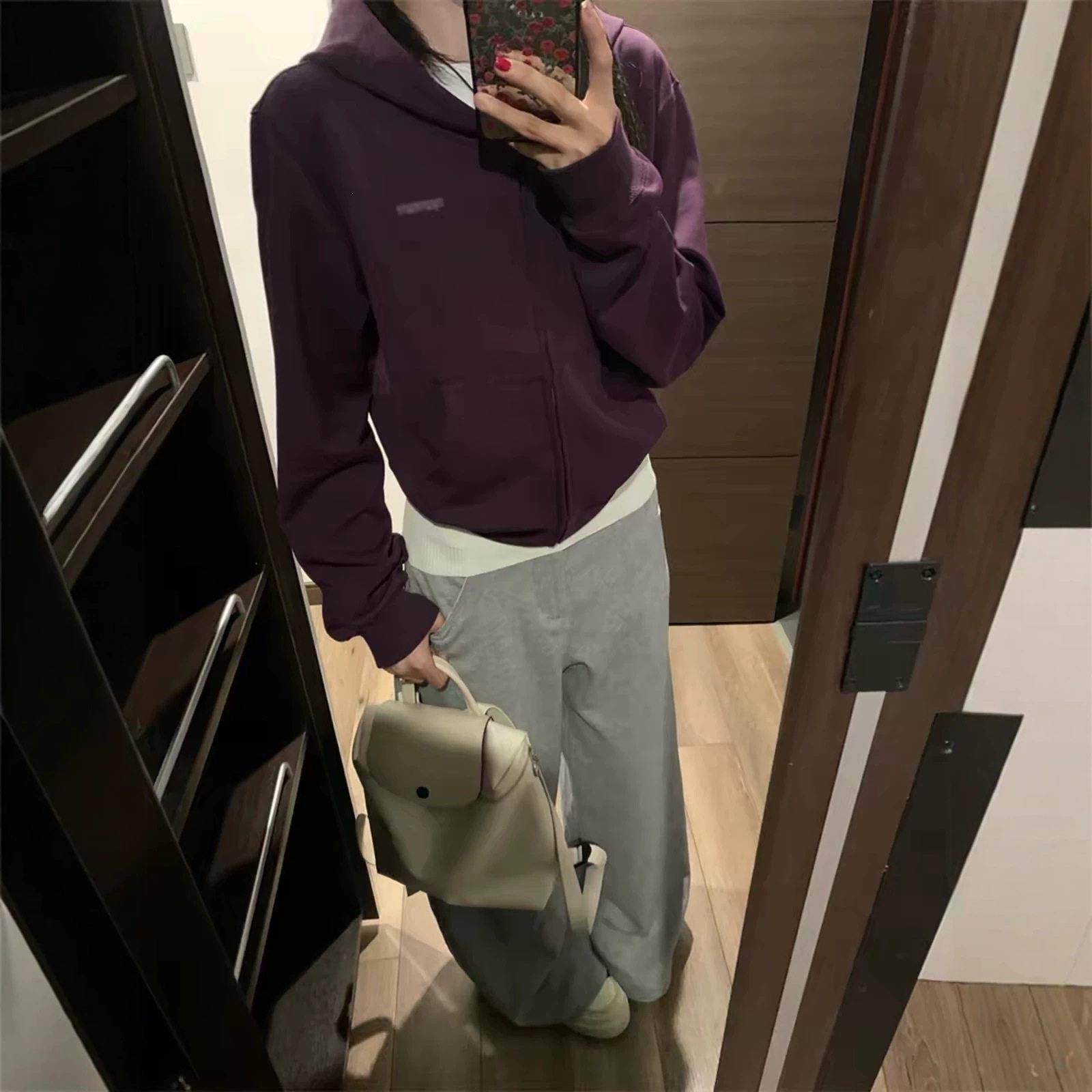 好货美式拼接紫色连帽开衫拉链卫衣女秋季宽松显瘦设计感百搭薄款