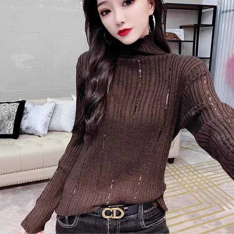 好货欧货爆款紫色针织衫女长袖秋冬欧洲站高领打底衫修身上衣撞色