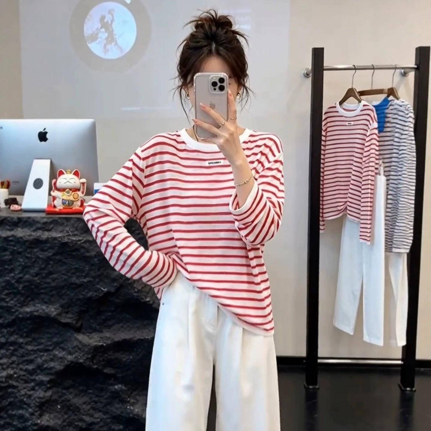 好货绝美撞色条纹长袖T恤女2026早秋新款大码胖MM宽松圆领慵懒风