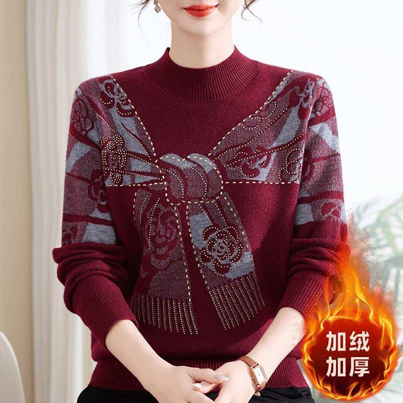 好货中老年女装妈妈毛衣冬季加绒加厚打底衫半高领时尚洋气保暖上