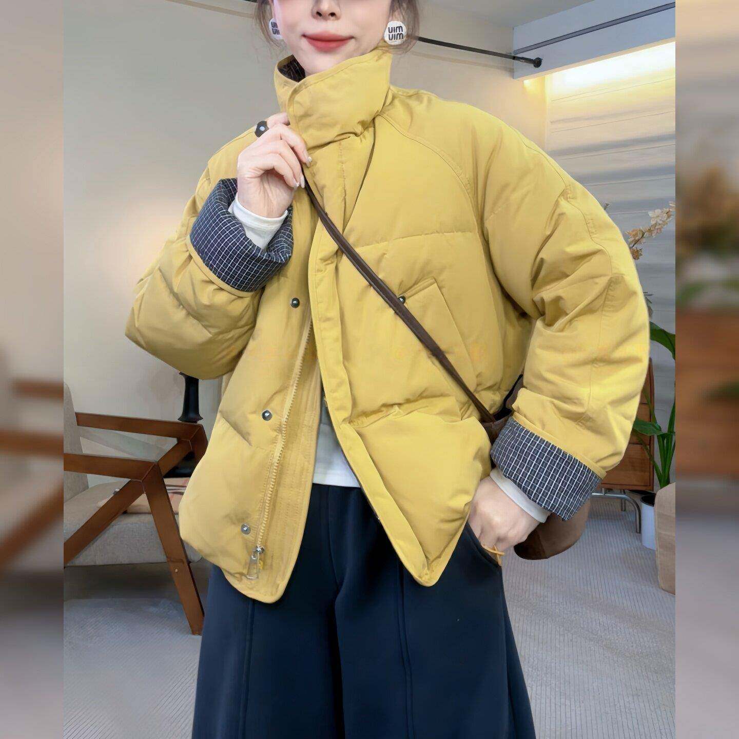 好货时尚减龄韩版格纹拼接设计感长袖休闲百搭棉服外套女2026秋冬