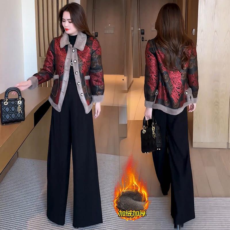 好货时尚洋气国风印花加绒加厚外套女2026冬季新款妈妈装保暖呢子