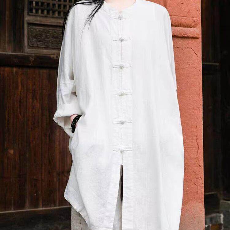 好货中式禅意休闲居士服素色上衣女复古做旧棉麻长袖太极练功袍子