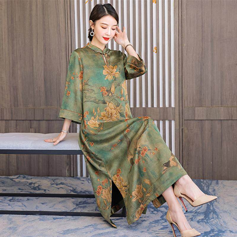 好货中国风高贵改良旗袍裙新款复古立领妈妈连衣裙女莨绸纱长袍
