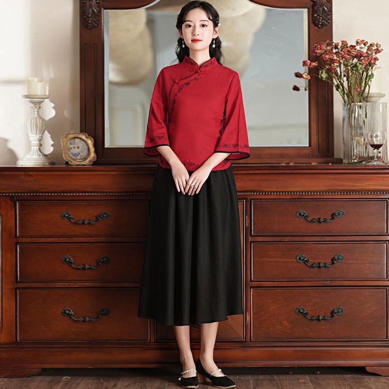 好货民国风复古红色唐装演出服中国风汉服改良中式旗袍上衣古装茶