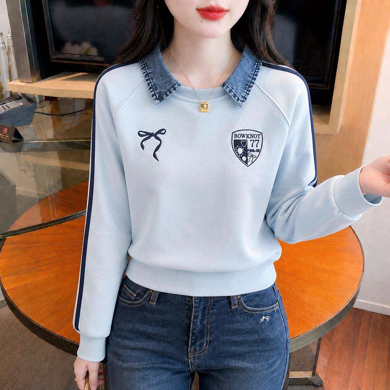 好货2026春秋款美式减龄牛仔领拼接假两件即墨卫衣女时尚洋气长袖