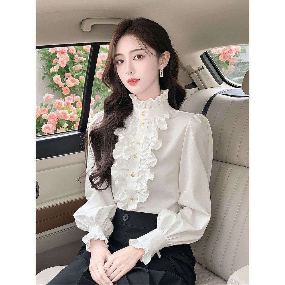好货春秋爆款2026年法式高档木耳边立领白色衬衫洋气百搭女士打底