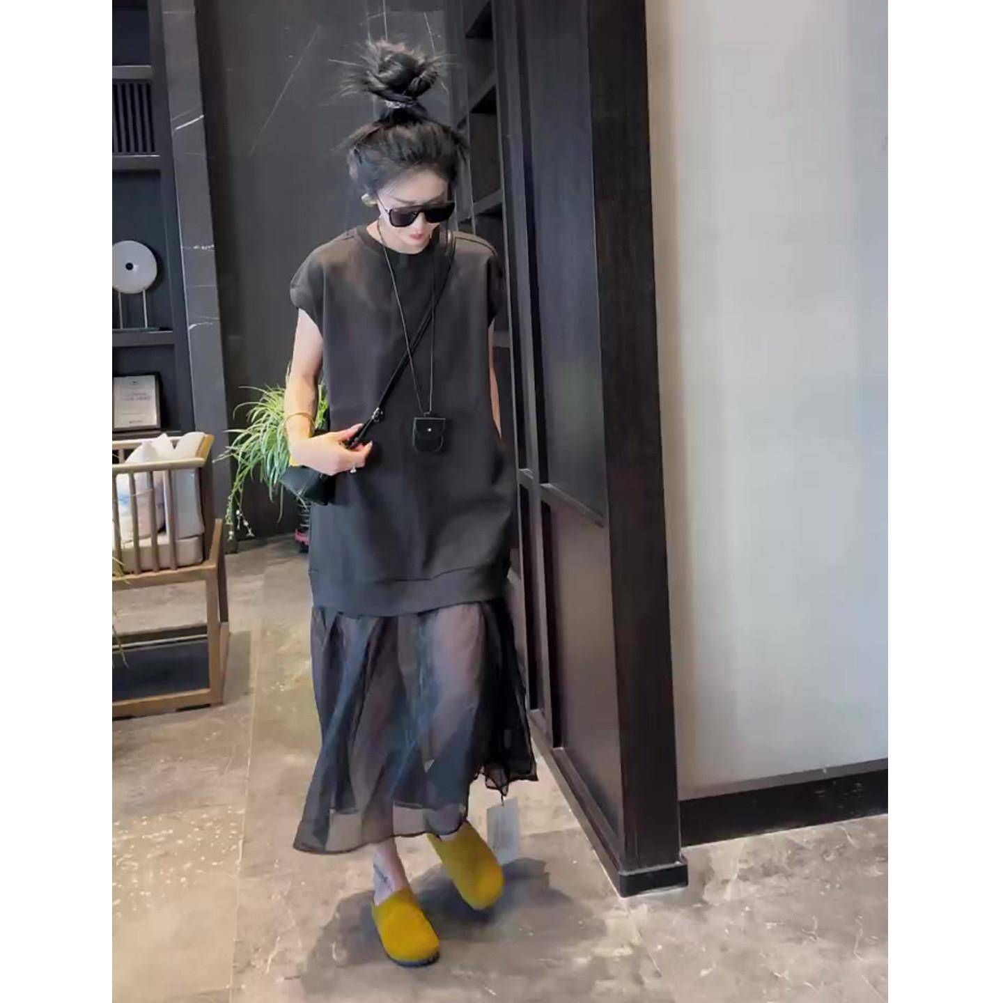 好货短袖拼接网纱连衣裙女2026春季新款设计感欧货休闲长裙爆款女