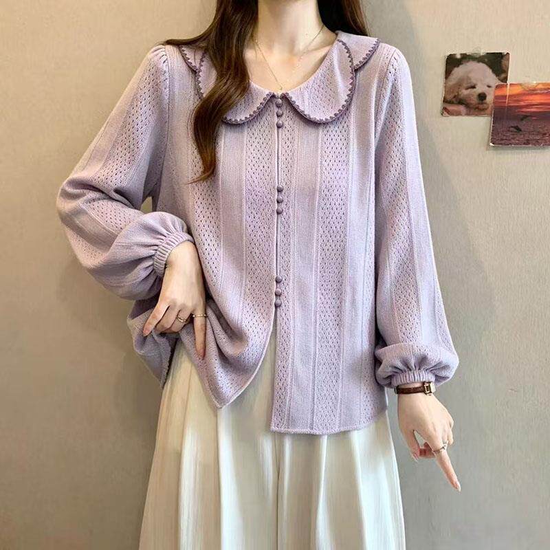 好货大码甜美独特紫色娃娃领长袖衬衫女秋冬季胖MM宽松遮肚子百搭