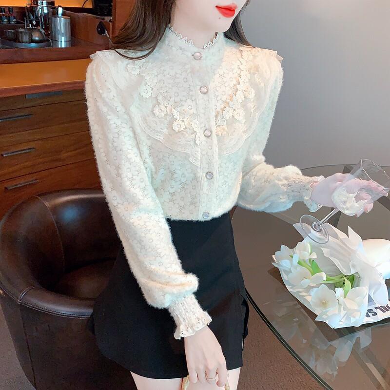 好货加绒加厚蕾丝打底衬衫女春秋冬2026新款法式高档长袖上衣减龄
