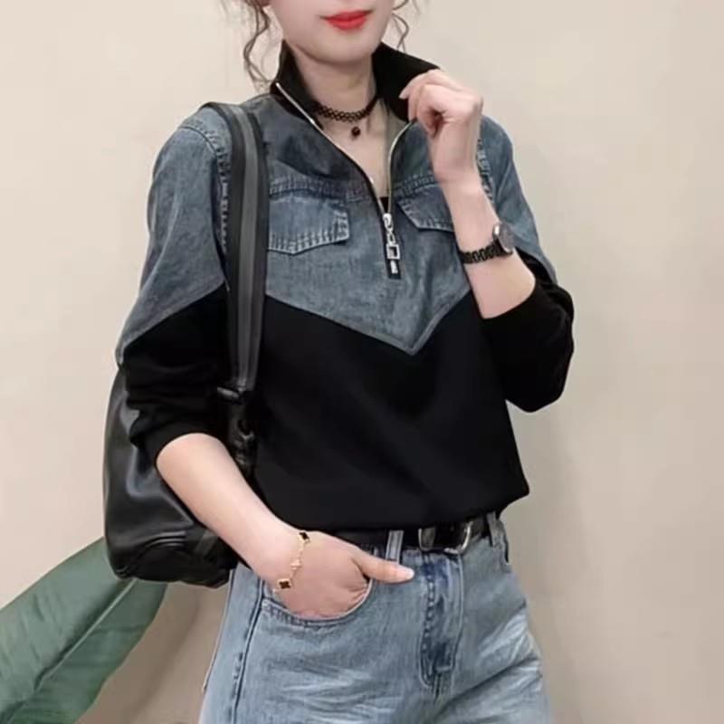 好货拼接牛仔卫衣女春秋2026欧货休闲时尚立领半拉链洋气百搭长袖